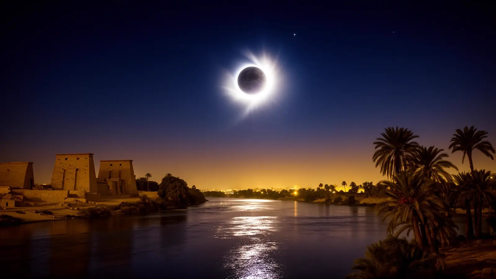 Total solar eclipse over the Nile river in Egypt