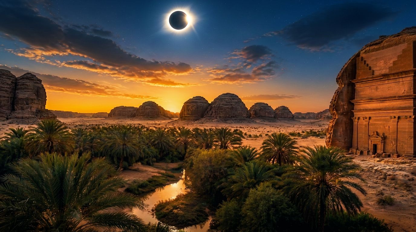 Total solar eclipse over the AlUla desert and ancient Nabataean tombs in Saudi Arabia